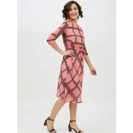 Rosolly Women's Polyester Checkered 3-4th Sleeves Below Knee Dress (Pink)