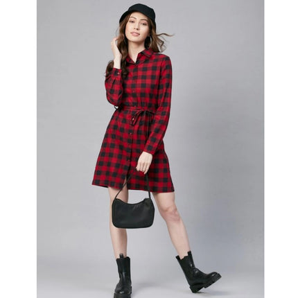 Rosolly Women's Cotton Checkered Long Sleeves Above Knee Dress (Red - Black)