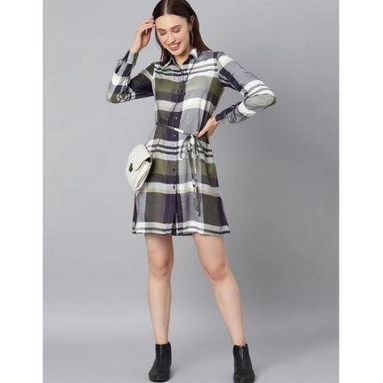Rosolly Women's Cotton Checkered Long Sleeves Above Knee Dress (Olive - White)