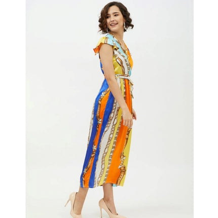 Rosolly Women's Satin Chain Print Cap Sleeve Calf-length Dress (Multicolor)
