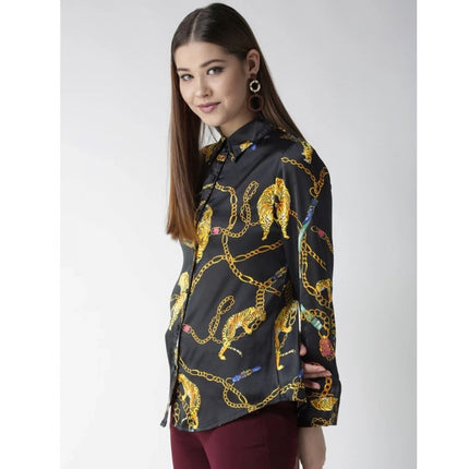 Rosolly Women's Satin Printed Long Sleeves Standard Length Shirt (Black - Gold)