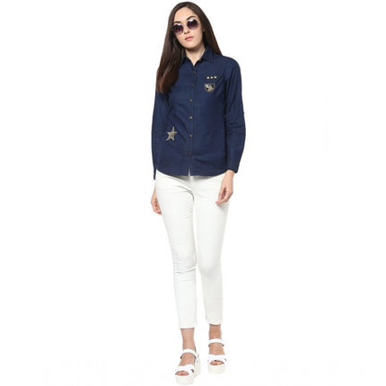 Rosolly Women's Denim Patch Work Long Sleeves Standard Length Shirt (Blue)