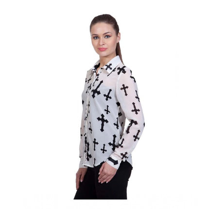 Rosolly Women's Polyester Printed Long Sleeves Standard Length Shirt (White)