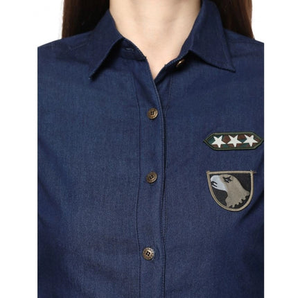 Rosolly Women's Denim Patch Work Long Sleeves Standard Length Shirt (Blue)