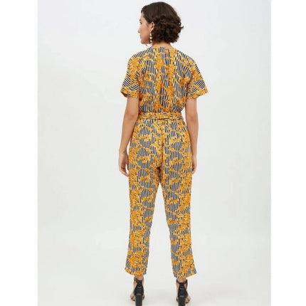 Rosolly Women's Polyester Printed Half Sleeve Long Jumpsuit (Yellow)