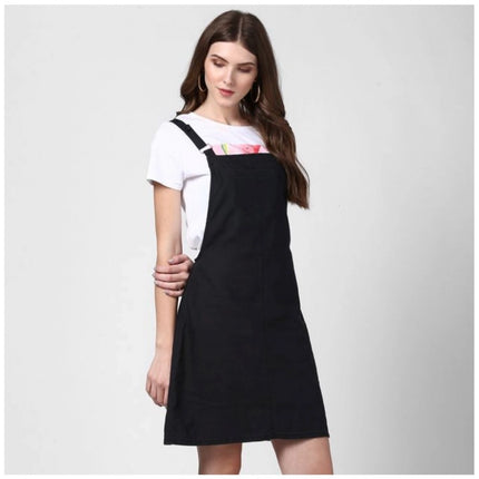 Rosolly Women's Denim Solid Shoulder Straps Above Knee Dungaree (Black)