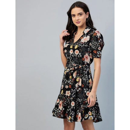 Rosolly Women's Polyester Floral Short Sleeve Above Knee Dress (Black)