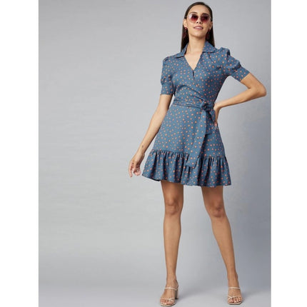 Rosolly Women's Polyester Polka Short Sleeve Above Knee Dress (Grey - Coral)