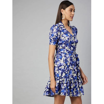 Rosolly Women's Polyester Floral Short Sleeve Above Knee Dress (Blue - Purple)