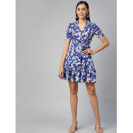 Rosolly Women's Polyester Floral Short Sleeve Above Knee Dress (Blue - Purple)