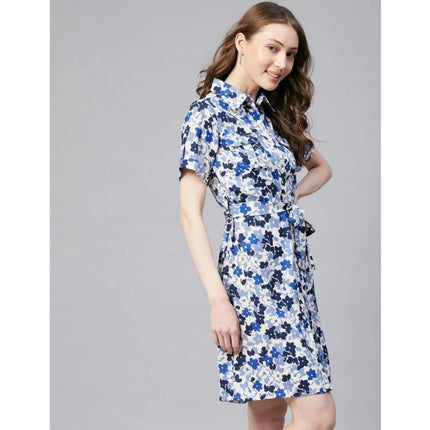 Rosolly Women's Polyester Floral Short Sleeve Above Knee Dress (Blue - White)