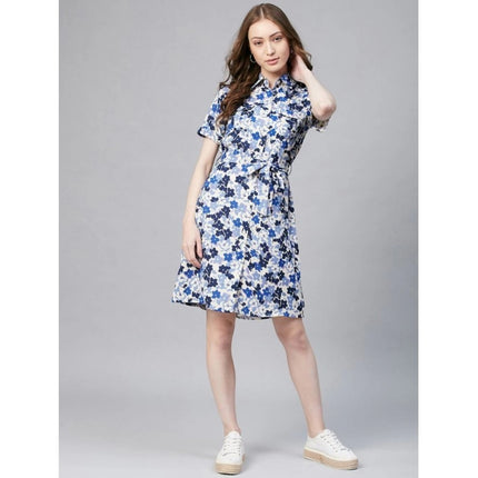 Rosolly Women's Polyester Floral Short Sleeve Above Knee Dress (Blue - White)
