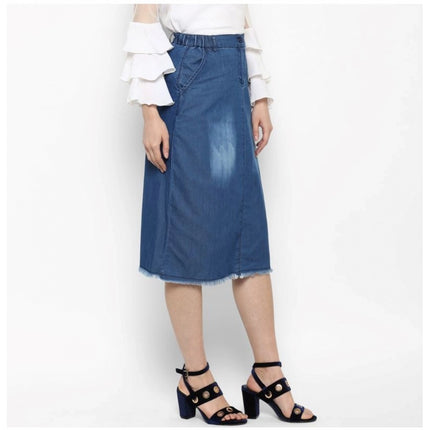 Rosolly Women's Denim Washed Buttoned Skirt (Blue)