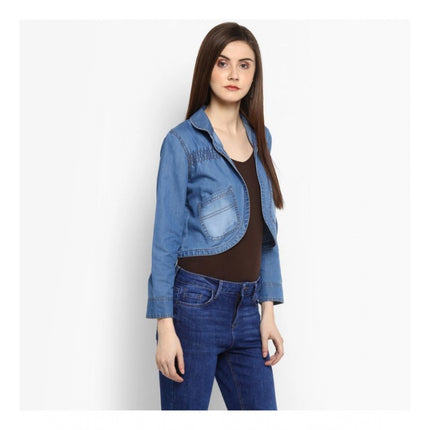 Rosolly Women's Denim Smocking 3-4th Sleeves Shrug (Blue)