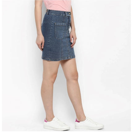 Rosolly Women's Denim Front Pocket Buttoned Skirt (Blue)