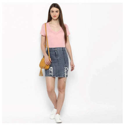 Rosolly Women's Denim Tie Up Buttoned Skirt (Blue)