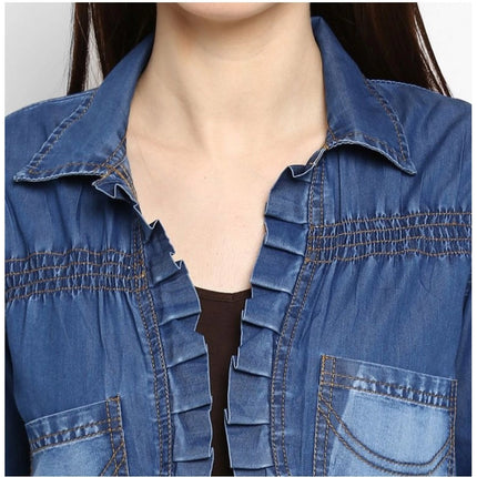 Rosolly Women's Denim Pleated 3-4th Sleeves Shrug (Blue)