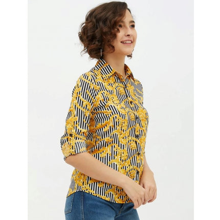 Rosolly Women's Polyester Printed Roll Up Sleeve Standard Length Shirt (Mustared)