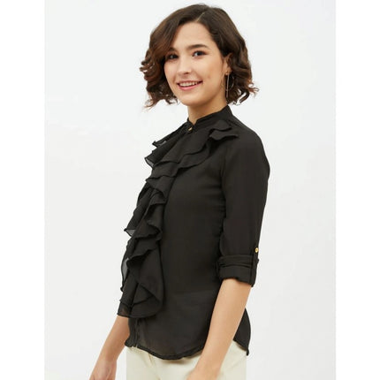 Rosolly Women's Polyester Ruffled Long Sleeves Standard Length Shirt (Black)