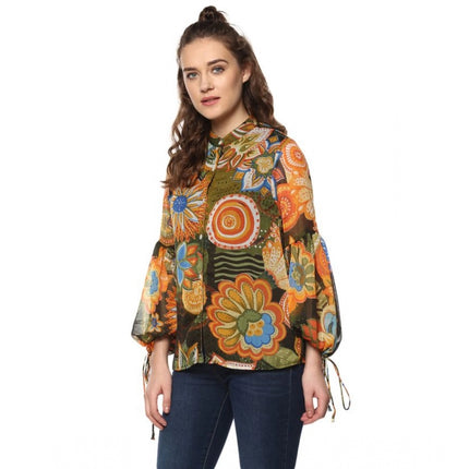Rosolly Women's Polyester Floral Balloon Sleeve Top (Mustard - Olive)