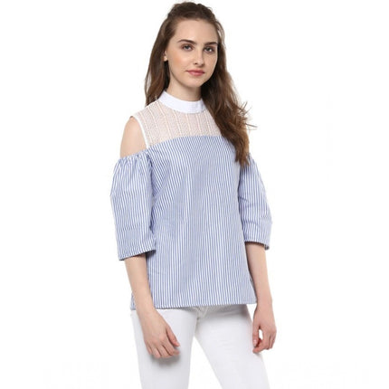 Rosolly Women's Cotton Striped Cold Shoulder Top (Blue)