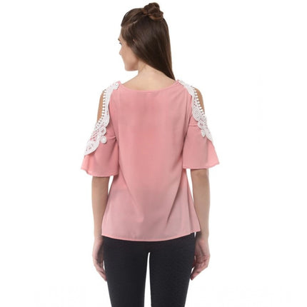 Rosolly Women's Polyester Lace Inserts Half Sleeve Top (Pink)