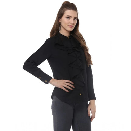 Rosolly Women's Polyester Ruffled Long Sleeves Top (Black)