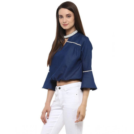 Rosolly Women's Polyester Solid Bell Sleeve Regular Top (Blue)