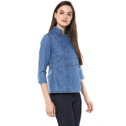 Rosolly Women's Denim Solid 3-4th Sleeves Regular Top (Blue)