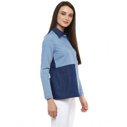 Rosolly Women's Denim Patch Work Long Sleeves Regular Top (Blue)