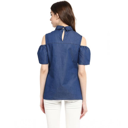 Rosolly Women's Denim Solid Cold Shoulder Regular Top (Blue)