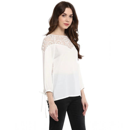 Rosolly Women's Polyester Georgette Self Design 3-4th Sleeves Regular Top (White)