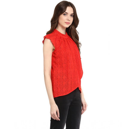 Rosolly Women's Cotton Lace Embellished Cap Sleeve Regular Top (Red)