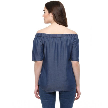 Rosolly Women's Denim Solid Short Sleeve Regular Top (Blue)