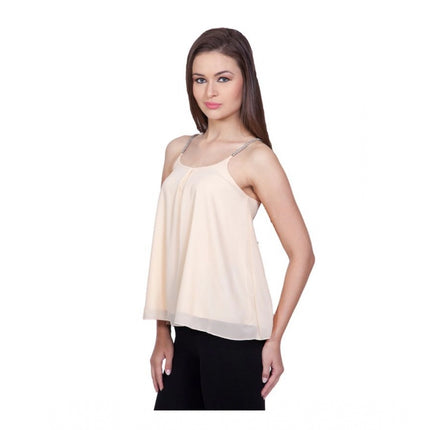 Rosolly Women's Polyester Solid Shoulder Straps Regular Top (Beige)