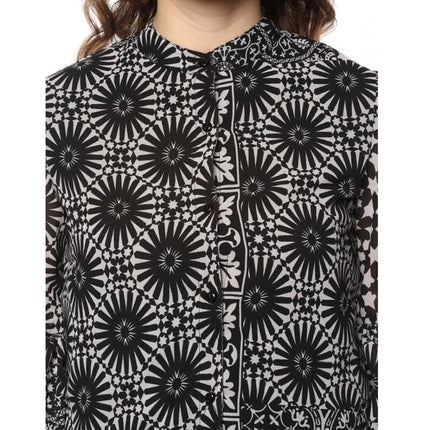 Rosolly Women's Polyester Printed Balloon Sleeve Top (Black - White)