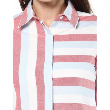 Rosolly Women's Cotton Striped Roll Up Sleeve Regular Top (Red)