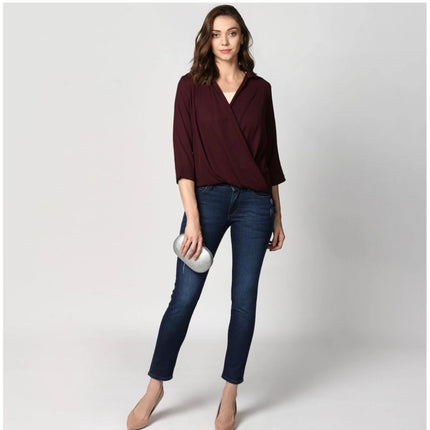 Rosolly Women's Polyester Solid 3-4th Sleeves Top (Maroon)