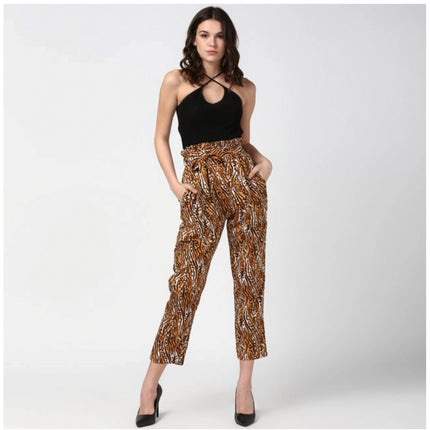 Rosolly Women's Polyester Animal Print Elasticated Trousers (Orange - Black)