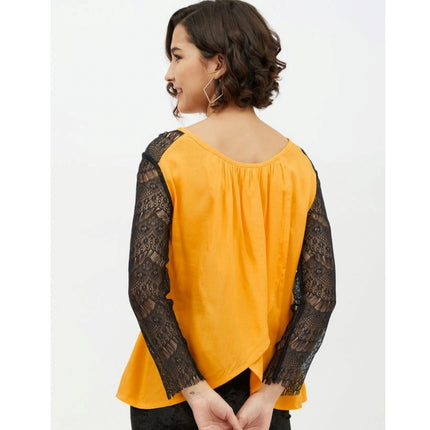 Rosolly Women's Rayon Lace Inserts Long Sleeves Top (Yellow)