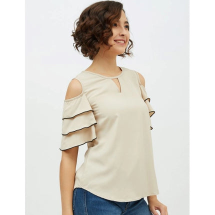 Rosolly Women's Polyester Tiered Cold Shoulder Top (Beige)