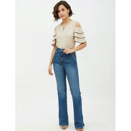 Rosolly Women's Polyester Tiered Cold Shoulder Top (Beige)