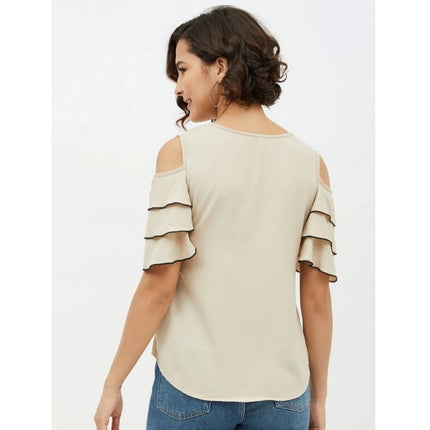 Rosolly Women's Polyester Tiered Cold Shoulder Top (Beige)