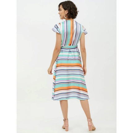Rosolly Women's Satin Striped Short Sleeve Knee-Length Dress (Multicolor)