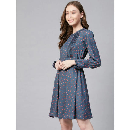 Rosolly Women's Polyester Polka Long Sleeves Above Knee Dress (Grey - Coral)