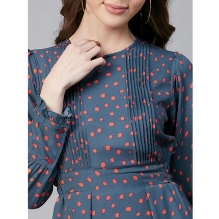 Rosolly Women's Polyester Polka Long Sleeves Above Knee Dress (Grey - Coral)
