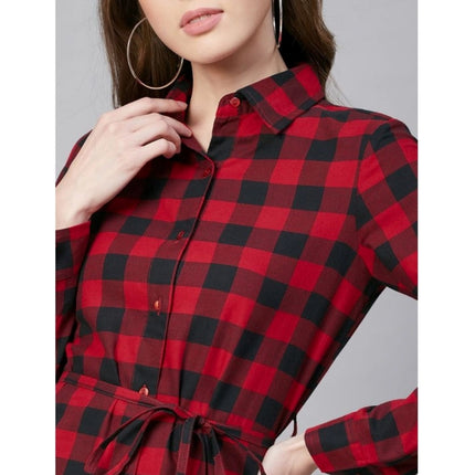 Rosolly Women's Cotton Checkered Long Sleeves Above Knee Dress (Red - Black)