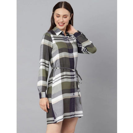 Rosolly Women's Cotton Checkered Long Sleeves Above Knee Dress (Olive - White)