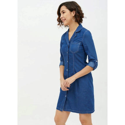 Rosolly Women's Denim Solid Long Sleeves Above Knee Dress (Blue)