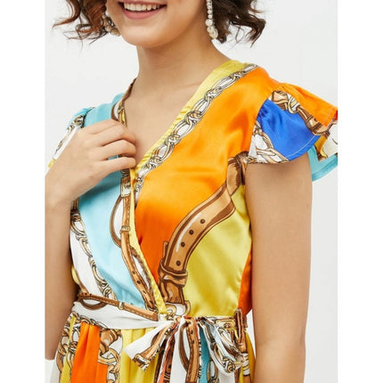 Rosolly Women's Satin Chain Print Cap Sleeve Calf-length Dress (Multicolor)